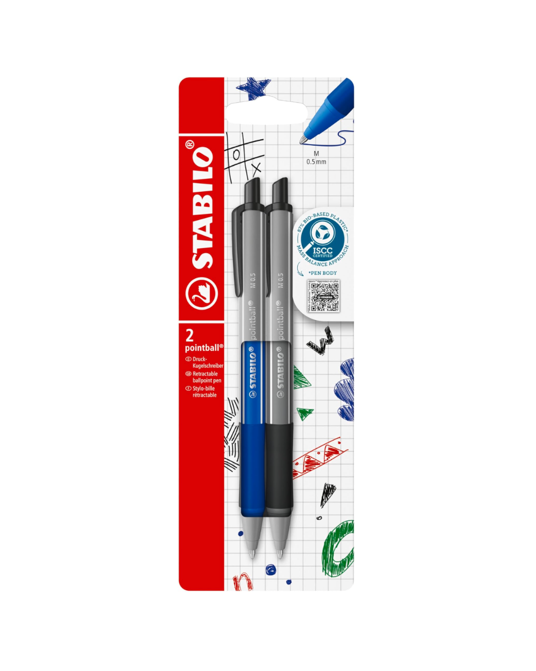 STABILO Pointball Colorful 2 stuks zwart en blauw – set met gekleurde behuizing